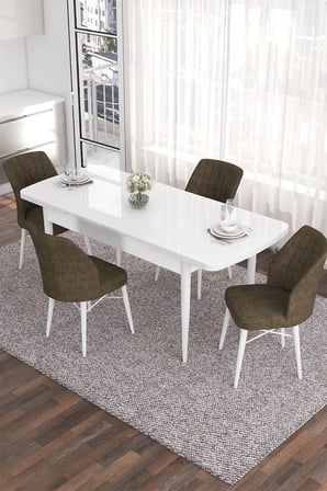 Eva Serisi 80x132 Açılabilir Mdf Mutfak Masası Takımı Beyaz Masa 4 Kahverengi Sandalye