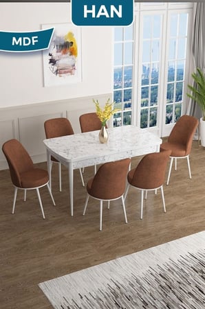 Han Serisi, 70x114 Açılabilir Mdf Masa Takımı, Beyaz Mermer Desen Masa Ve 6 Kiremit Sandalye