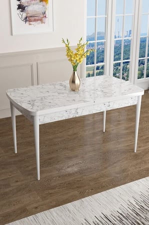 Han Serisi, 70x114 Açılabilir Mdf Masa Takımı, Beyaz Mermer Desen Masa Ve 6 Kiremit Sandalye
