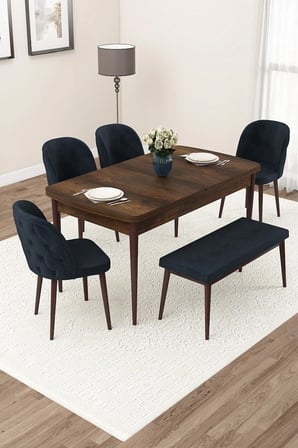 Jae Serisi Açılabilir 80x132 Barok Ahşap Desen Mutfak Masası Takımı 4 Sandalye 1 Bench
