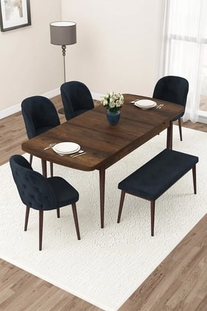 Jae Serisi Açılabilir 80x132 Barok Ahşap Desen Mutfak Masası Takımı 4 Sandalye 1 Bench