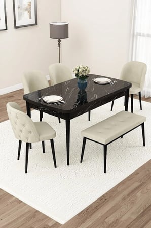 Jae Serisi Açılabilir 80x132 Siyah Mermer Desen Mutfak Masası Takımı 4 Krem Sandalye 1 Bench