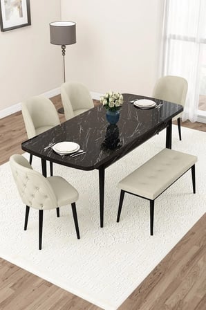 Jae Serisi Açılabilir 80x132 Siyah Mermer Desen Mutfak Masası Takımı 4 Krem Sandalye 1 Bench
