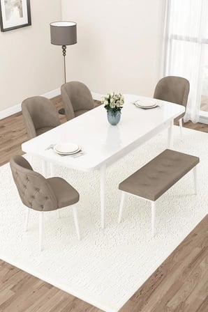 Jae Serisi Açılabilir 80x132 Beyaz Mutfak Masa Takımı 4 Siyah Sandalye 1 Bench