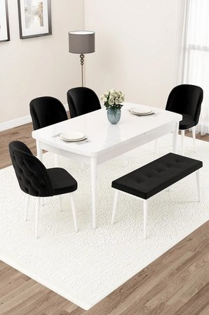 Jae Serisi Açılabilir 80x132 Beyaz Mutfak Masa Takımı 4 Siyah Sandalye 1 Bench