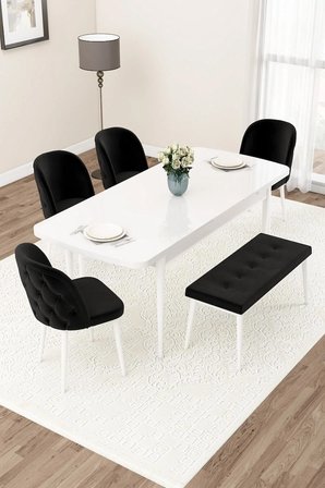 Jae Serisi Açılabilir 80x132 Beyaz Mutfak Masa Takımı 4 Siyah Sandalye 1 Bench