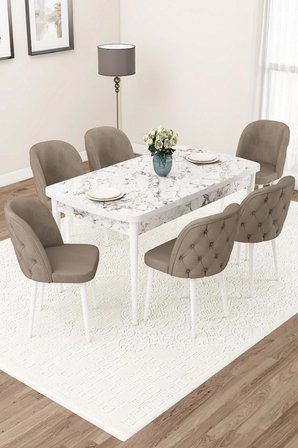 Jae Serisi Açılabilir 80x132 Beyaz Mermer Desen Yemek Odası Takımı Ve 6 Cappucino Sandalye