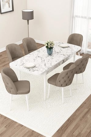 Jae Serisi Açılabilir 80x132 Beyaz Mermer Desen Yemek Odası Takımı Ve 6 Cappucino Sandalye