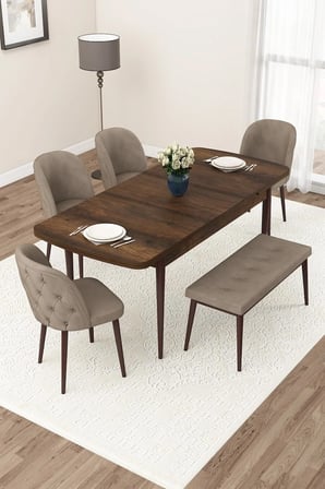 Jae Serisi Açılabilir 80x132 Barok Ahşap Desen Mutfak Masası Takımı ve 6 Cappucino Sandalye