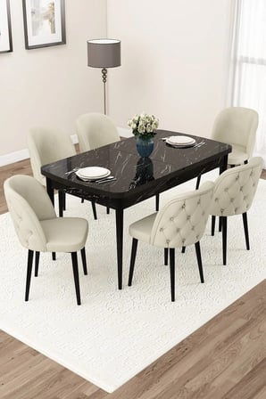 Jae Serisi Açılabilir 80x132 Siyah Mermer Desen Mutfak Masası Takımı Ve 6 Krem Sandalye