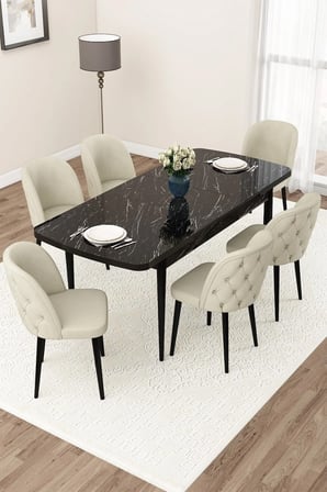 Jae Serisi Açılabilir 80x132 Siyah Mermer Desen Mutfak Masası Takımı Ve 6 Krem Sandalye
