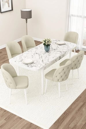 Jae Serisi Açılabilir 80x132 Beyaz Mermer Desen Mutfak Masası Takımı Ve 6 Krem Sandalye