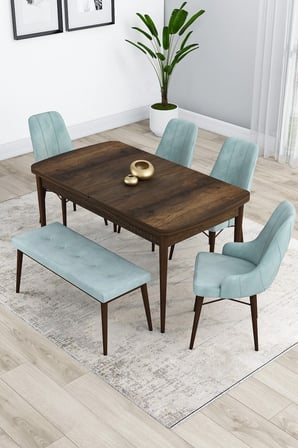 Kar Serisi, 80x132 Açılabilir Mdf Masa Takımı, Barok Ahşap Desen Masa 4 Su Yeşili Sandalye 1 Bench