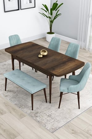 Kar Serisi, 80x132 Açılabilir Mdf Masa Takımı, Barok Ahşap Desen Masa 4 Su Yeşili Sandalye 1 Bench