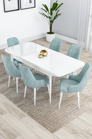 Kar Serisi 80x132 Açılabilir Mdf Beyaz Mutfak Masa Takımı 6 Su Yeşili Sandalye