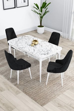 Kar Serisi 80x132 Açılabilir Mdf Beyaz Mermer Desenli Mutfak Masası Takımı 4 Siyah Sandalye