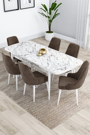 Kar Serisi 80x132 Mdf Beyaz Mermer Desenli Mutfak Masası Takımı 6 Kahve Sandalye