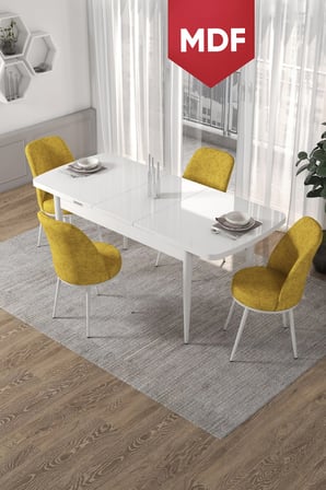 Kor Serisi 70x114 Açılabilir MDF Mutfak Masası Takımı Beyaz Masa 4 Hardal Sandalye