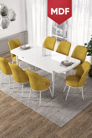 Kor Serisi 70x114 Açılabilir MDF Mutfak Masası Takımı Beyaz Masa 6 Cappucino Sandalye