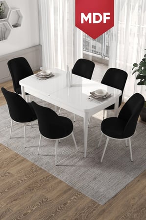 Kor Serisi 70x114 Açılabilir MDF Mutfak Masası Takımı Beyaz Masa 6 Siyah Sandalye