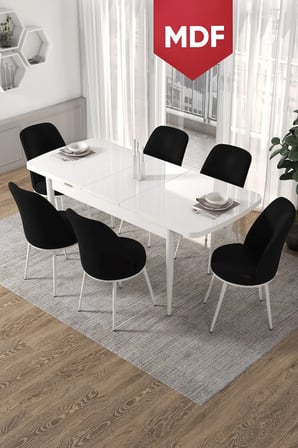 Kor Serisi 70x114 Açılabilir MDF Mutfak Masası Takımı Beyaz Masa 6 Siyah Sandalye