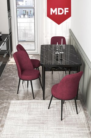 Kor Serisi 70x114 Açılabilir MDF Mutfak Masası Takımı Siyah Mermer Desen Masa 4 Bordo Sandalye