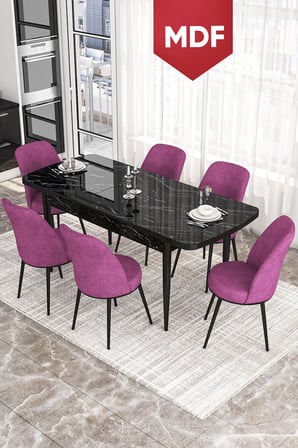Kor Serisi 70x114 MDF Açılabilir Mutfak Masası Takımı Siyah Mermer Desen Masa 6 Mor Sandalye