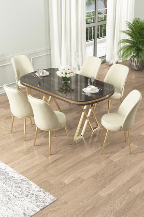 Lai Serisi 90x168 Lak Panel Antrasit Ironi Gold Ayak Masa Takımı 6 Krem Sandalye