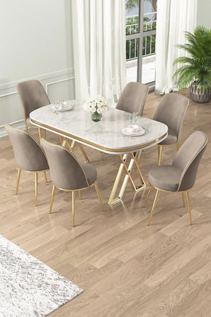 Lai Serisi 90x168 Lak Panel Beyaz Mermer Desen Gold Ayak Masa Takımı 6 Cappucino Sandalye