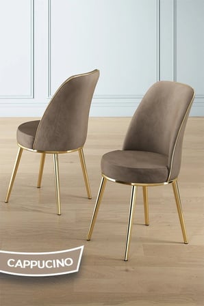 Lai Serisi 90x168 Lak Panel Beyaz Mermer Desen Gold Ayak Masa Takımı 6 Cappucino Sandalye
