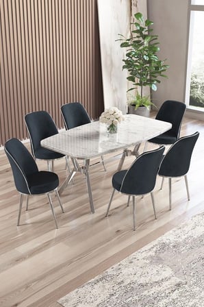 Lena Serisi 90x160 Lak Panel Beyaz Mermer Desen Krom Ayaklı Masa Takımı ve 6 Antrasit Sandalye