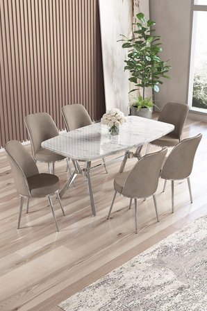 Lena Serisi 90x160 Lak Panel Beyaz Mermer Desen Krom Ayaklı Masa Takımı ve 6 Cappucino Sandalye