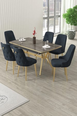 Nis Serisi 89x150 Açılabilir Lak Panel Antrasit İroni Gold Ayak Masa Takımı ve 6 Antrasit Sandalye