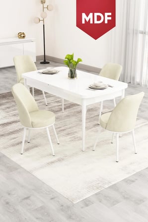 Nix Serisi Açılabilir 70x114 MDF Beyaz Mutfak Masası Takımı ve 4 Krem Sandalye