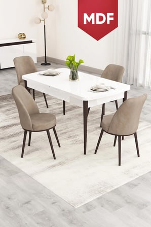 Nix Serisi Açılabilir 70x114 MDF Beyaz Masa Ceviz Ayak Mutfak Masası Takımı ve 4 Cappucino Sandalye
