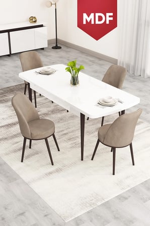 Nix Serisi Açılabilir 70x114 MDF Beyaz Masa Ceviz Ayak Mutfak Masası Takımı ve 4 Cappucino Sandalye