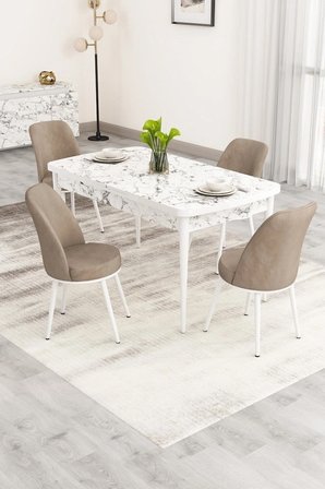 Nix Serisi Açılabilir 70x114 Beyaz Mermer Desen Mutfak Masası Takımı ve 4 Cappucino Sandalye