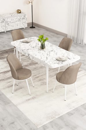 Nix Serisi Açılabilir 70x114 Beyaz Mermer Desen Mutfak Masası Takımı ve 4 Cappucino Sandalye