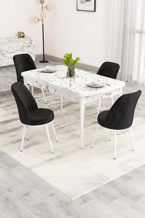 Nix Serisi Açılabilir 70x114 Beyaz Mermer Desen Mutfak Masası Takımı ve 4 Siyah Sandalye