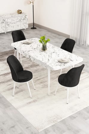 Nix Serisi Açılabilir 70x114 Beyaz Mermer Desen Mutfak Masası Takımı ve 4 Siyah Sandalye
