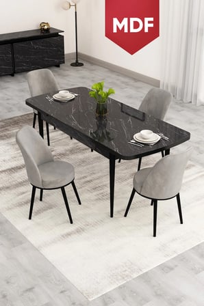 Nix Serisi Açılabilir 70x114 MDF Siyah Mermer Desen Mutfak Masası Takımı Ve 4 Gri Sandalye
