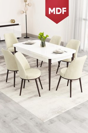 Nix Serisi Açılabilir 70x114 MDF Beyaz Masa Ceviz Ayak Mutfak Masası Takımı ve 6 Krem Sandalye