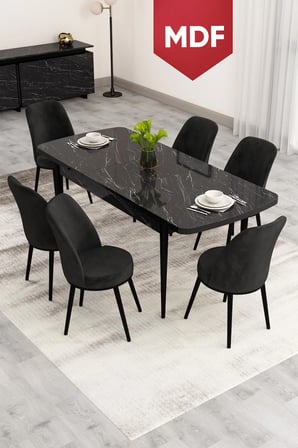 Nix Serisi Açılabilir 70x114 MDF Siyah Mermer Desen Mutfak Masası Takımı Ve 6 Siyah Sandalye