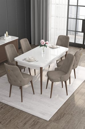 Noa Serisi 80x132 Açılabilir Mdf Beyaz Masa Ceviz Ayak Masa Takımı Ve 6 Cappucino Sandalye