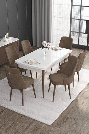 Noa Serisi 80x132 Açılabilir Mdf Beyaz Masa Ceviz Ayak Masa Takımı Ve 6 Kahverengi Sandalye