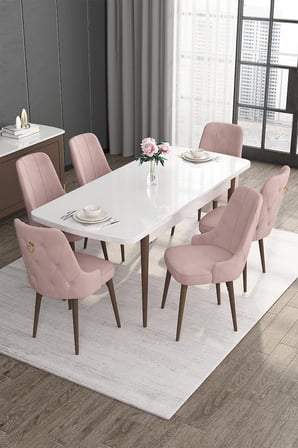 Noa Serisi 80x132 Açılabilir Mdf Beyaz Masa Ceviz Ayak Masa Takımı Ve 6 Pembe Sandalye