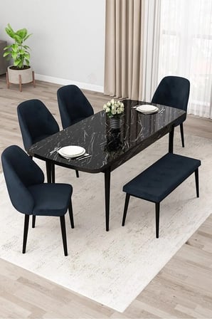 Orf Serisi 80x132 Açılabilir Siyah Mermer Desen Mutfak Masası Takımı 4 Antrasit Sandalye Ve 1 Bench