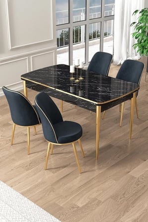 Pale Serisi 80x132 Açılabilir Siyah Mermer Desen Mutfak Masa Takımı 4 Antrasit Sandalye Gold Detay