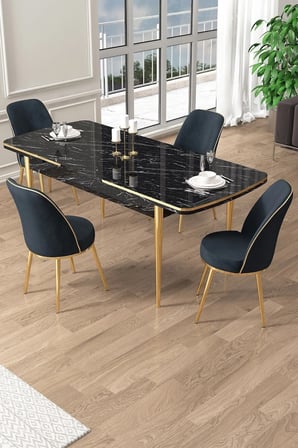 Pale Serisi 80x132 Açılabilir Siyah Mermer Desen Mutfak Masa Takımı 4 Antrasit Sandalye Gold Detay
