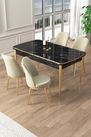 Pale Serisi 80x132 Açılabilir Siyah Mermer Desen Mutfak Masa Takımı 4 Krem Sandalye Gold Detay